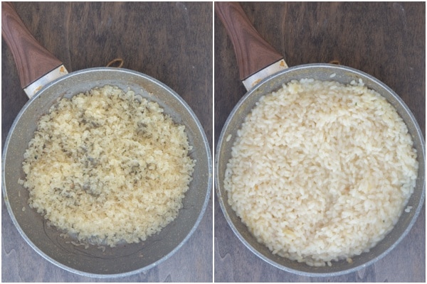 The rice in the pan before and after cooked.