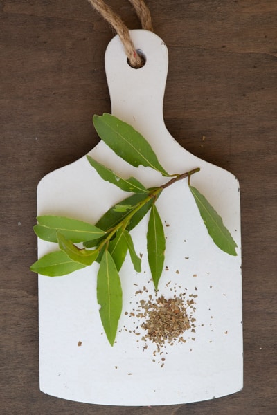 Bay leaf fresh and dried on a white board.