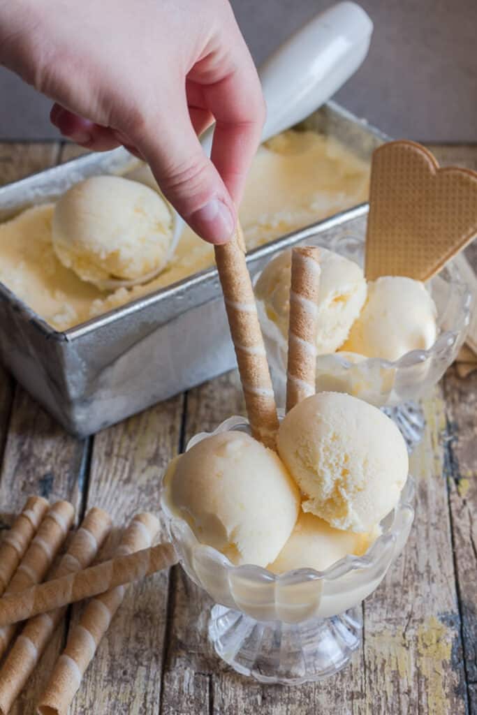 Ice cream in a glass bowl and in the loaf pan.