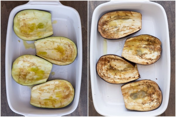 The empty eggplant before and after baking in a white pan.