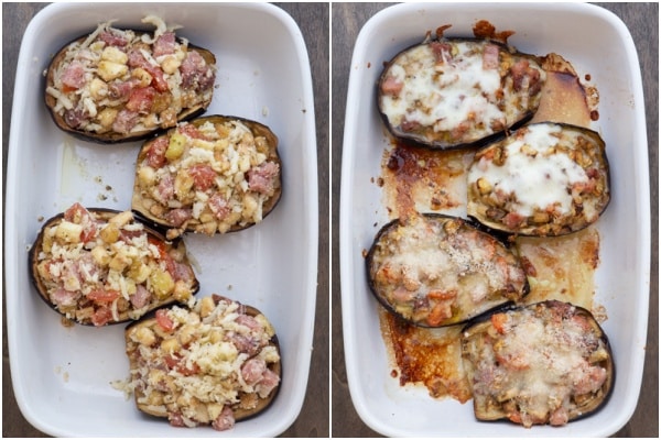 Stuffed eggplant before and after baked.