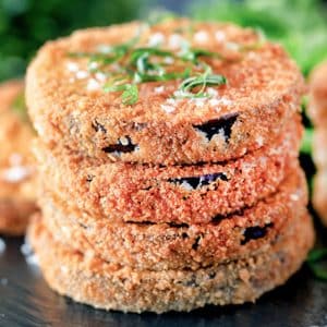 Breaded eggplant stacked.