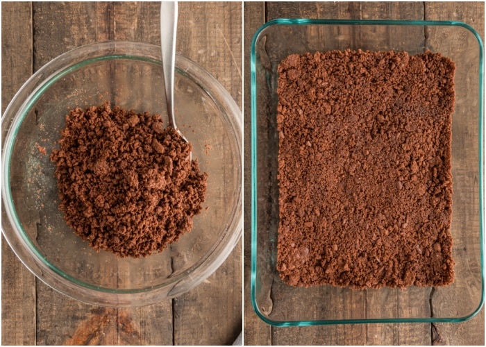 Making the crumb mixture in a glass bowl and spread in the pan.