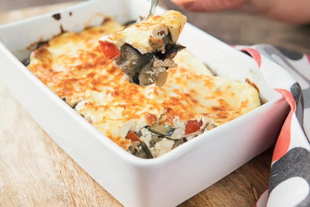 A spoonful of eggplant bake and in the pan.