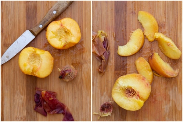 Sliced peaches on a wooden board.