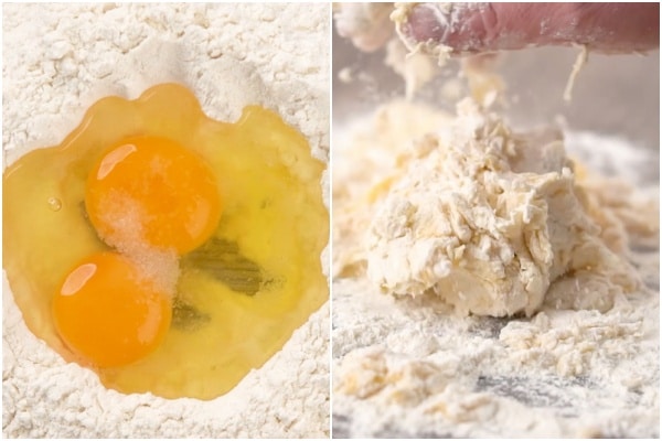 Mixing the eggs and flour.