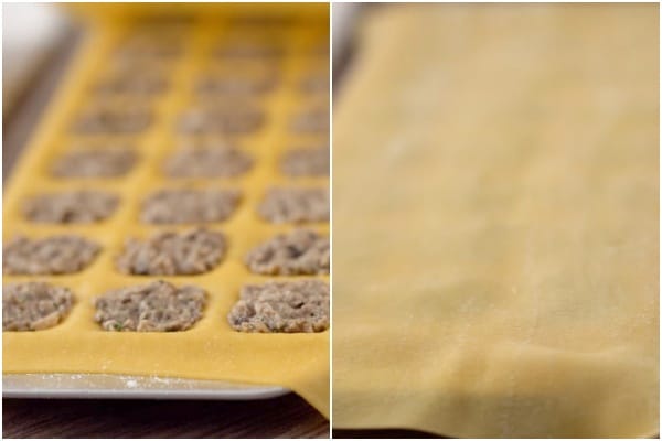 The ravioli in the mold and covered with a sheet of pasta.