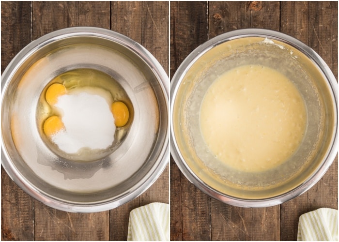 Mixing the batter in a a silver bowl.