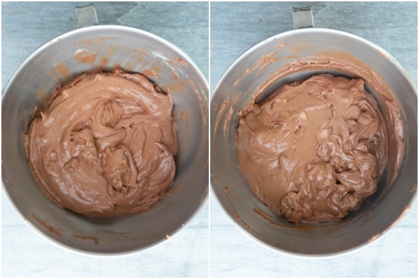 Mixing the batter in a silver bowl with chocolate and flour.