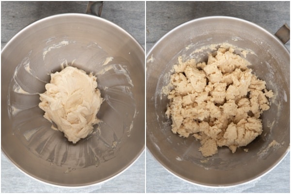 Cream butter and sugar in bowl and flour added.