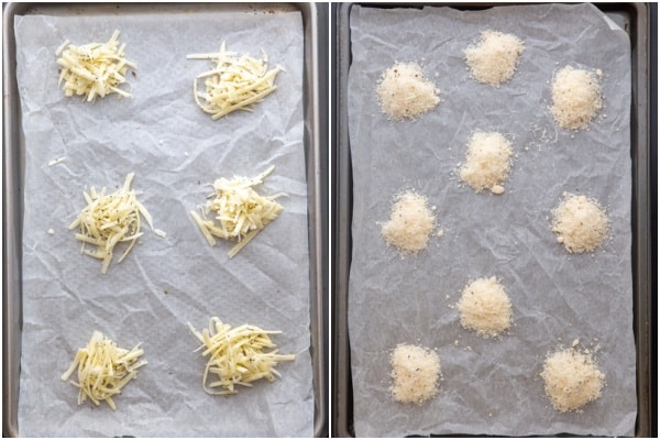 Cheese mounds on a parchment paper lined baking sheet.