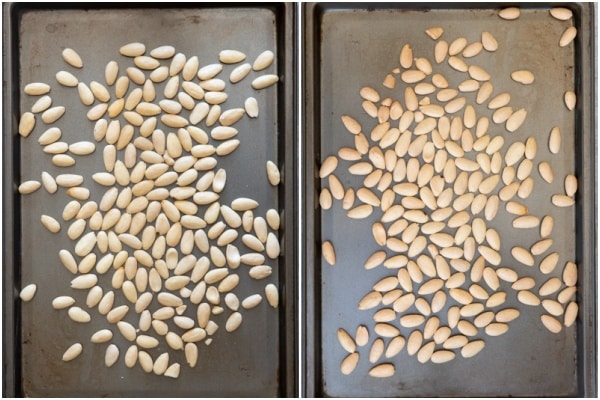 Almonds before and after roasted on a black baking sheet.