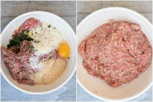 Meatloaf mixture before and after mixed in a white bowl.