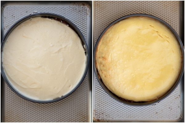 The cheesecake before and after baking.