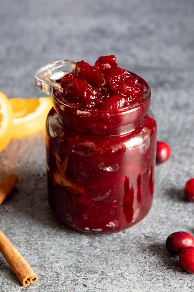 Homemade cranberry jam in a jar.