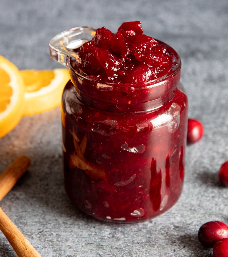 Homemade cranberry jam in a jar.