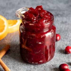 Jam in a glass jar.