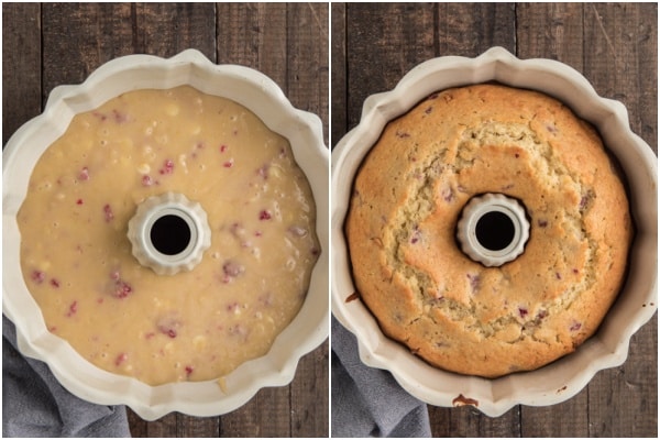 The cake before and after baked in the bundt pan.