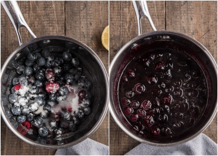 Making the berry sauce in a silver pot.