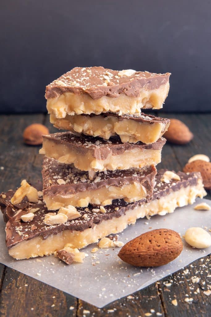 Homemade toffee stacked.