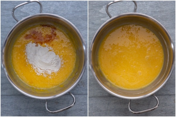 Mixing the egg yolks, flour and sugar.