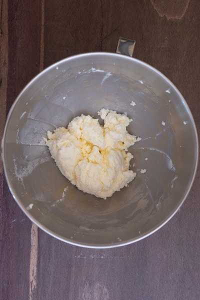 Butter and sugar creamed in the mixing bowl.
