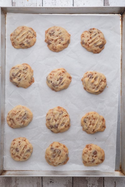 The baked cookies on the baking sheet.