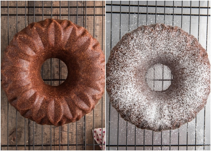 The cake on a wire rack with and without powdered sugar.