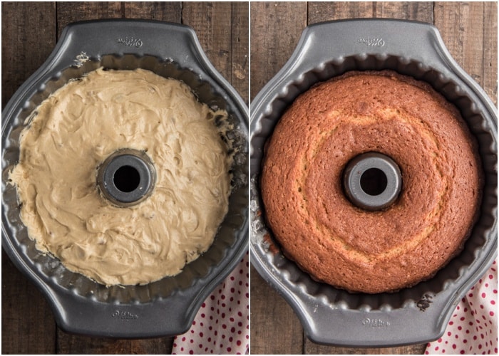 The cake before and after baked in the pan.