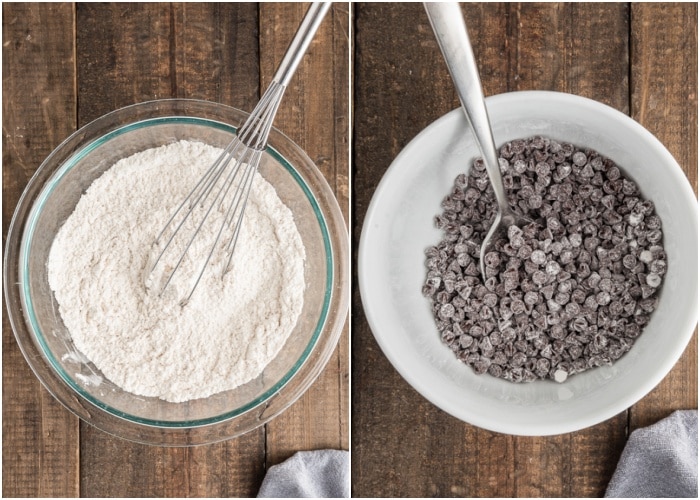 Whisking the dry ingredients and the chips with flour.