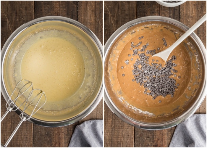 Making the cake batter in a bowl.