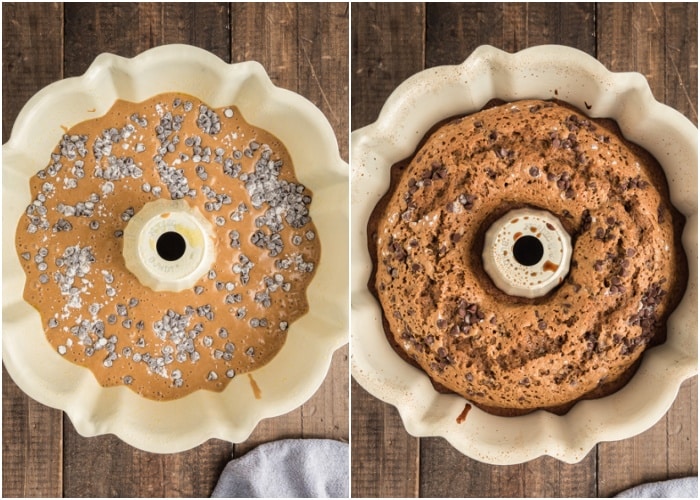 The batter in the pan before and after baked.