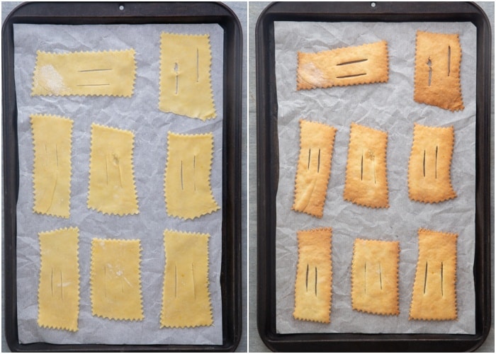 The strips on a baking sheet before and after baking.