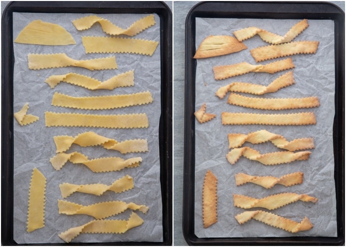 The twists on a baking sheet before and after baking.