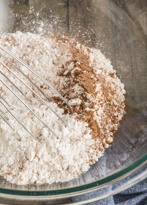 The dry ingredients whisked in a glass bowl.