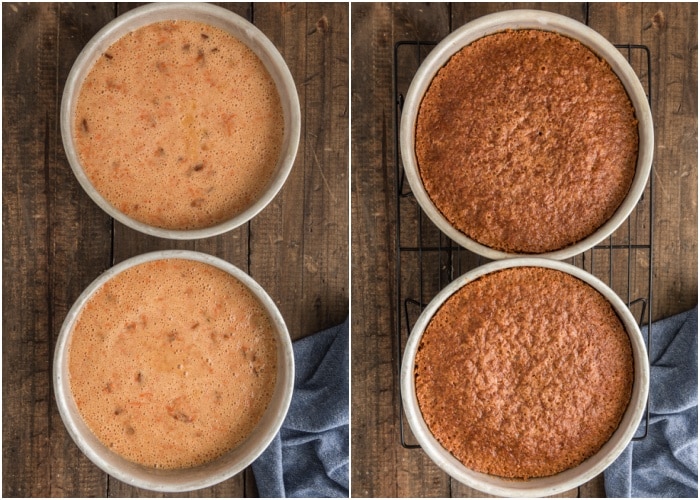 Batter in the pans before and after baking.