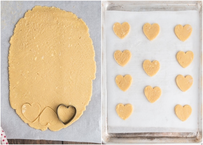 Cutting out the dough and placing on the baking sheet.