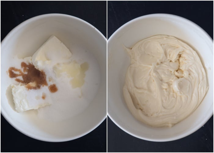 Cream cheese mixture and mixed in a white bowl.