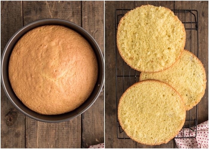 The cake in the pan and cut into three layers.