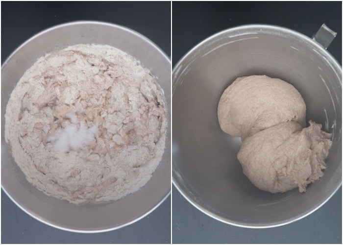 Adding the water and flour and kneading to form a compact dough.