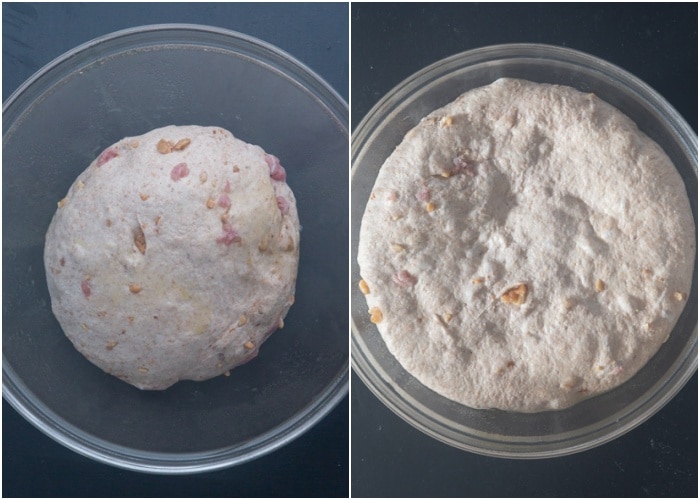 The dough before and after rising in a glass bowl.