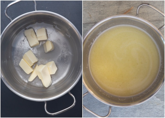 Heating the butter, water and sugar in a pot.