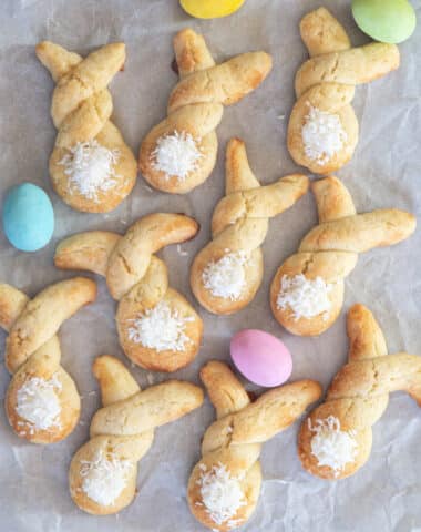 Bunny cookies on parchment paper.