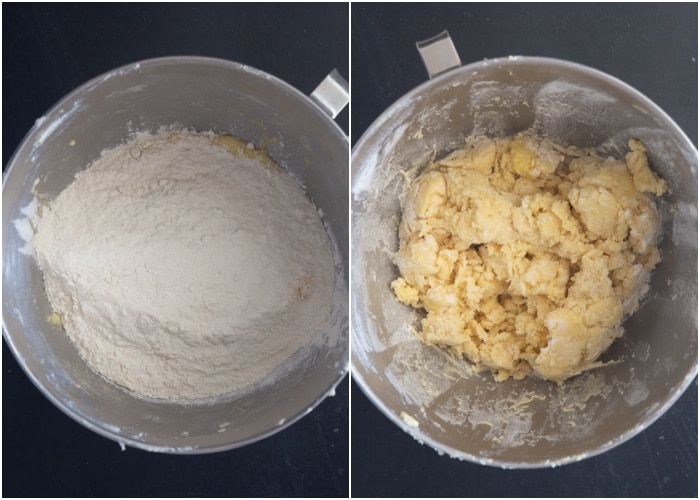 The dry ingredients added and mixed to form a dough.