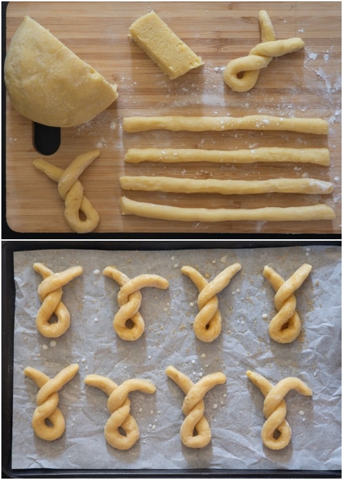 Dough formed into ropes and then twisted to form a bunny.