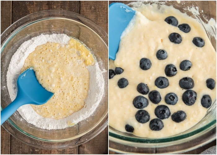 Mixing the wet and dry ingredients and adding the blueberries.