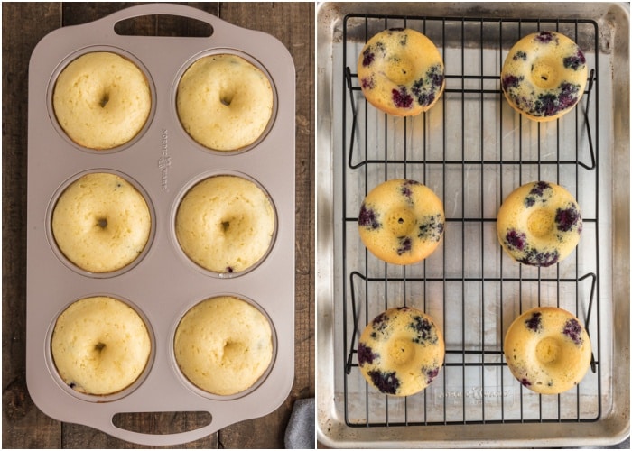 The baked donuts in the pan and on a wire rack.