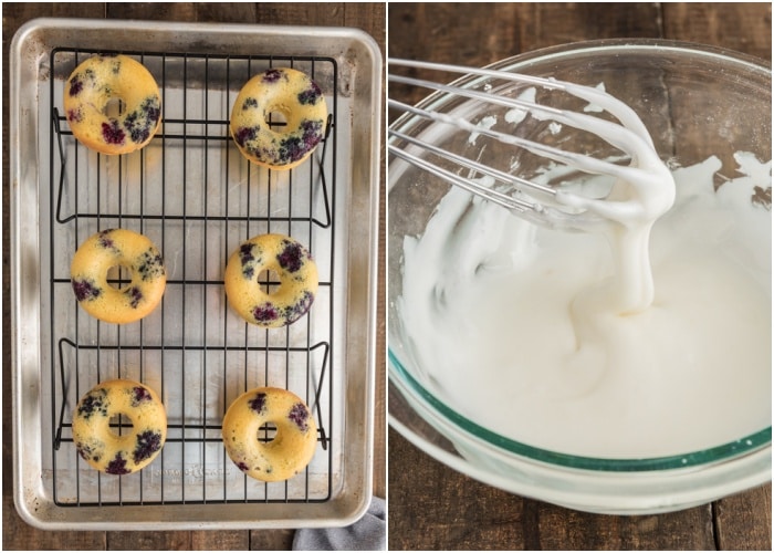 The donuts on a wire rack and the glaze made in a glass bowl.