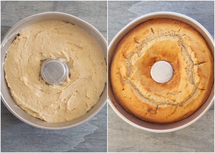 In the pan before and after baking.