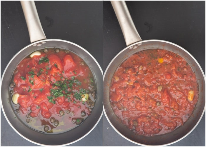 The tomatoes, capers and parsley added and cooked in the pan.
